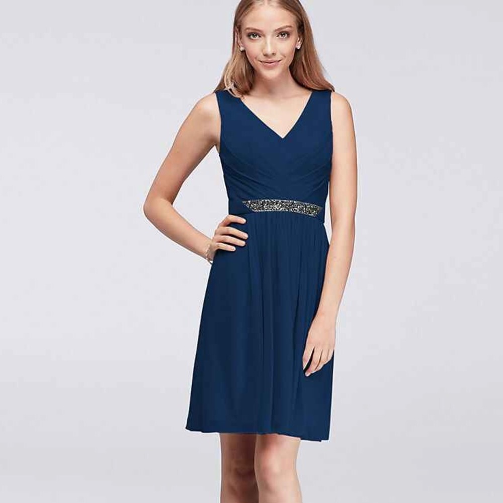 David’s Bridal Short Mesh Dress Beaded Waistband